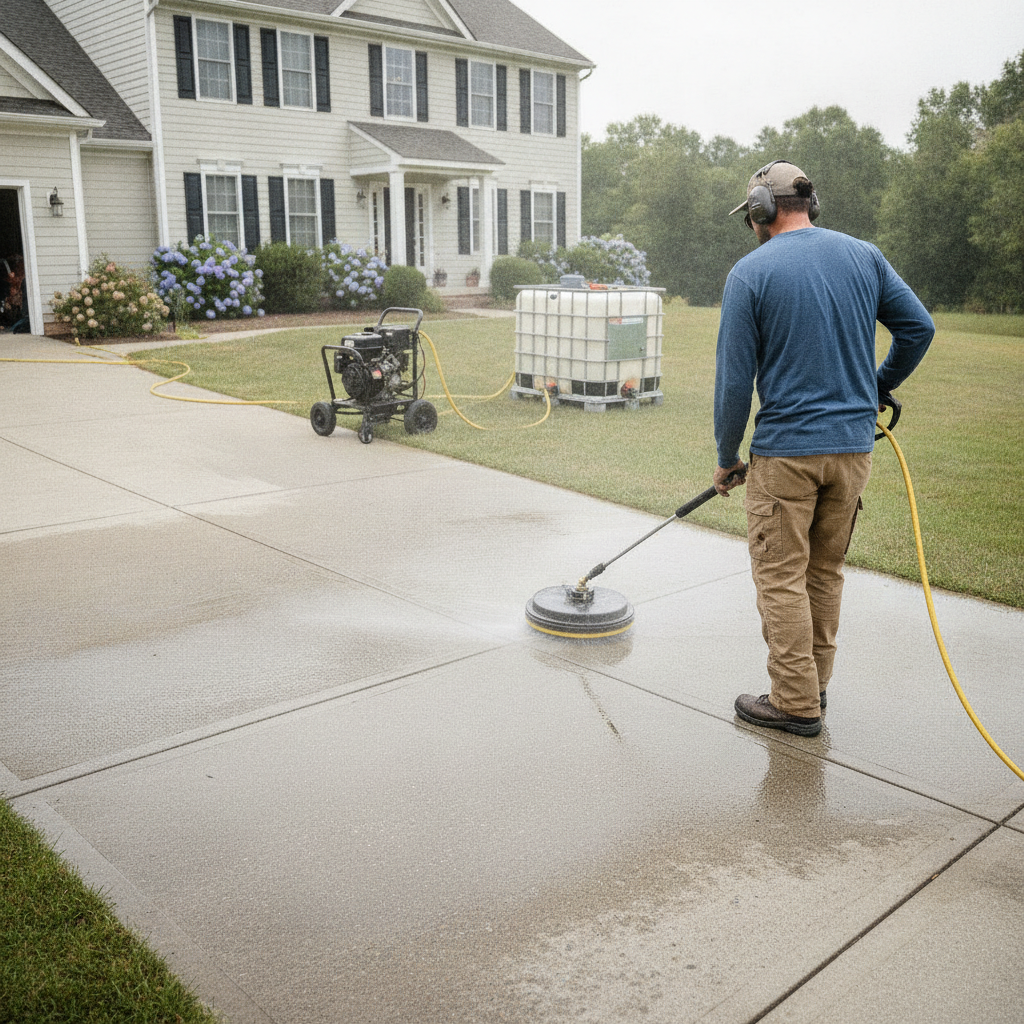 Create a realistic, professional service-business photograph showing Driveway Cleaning Pressure Washing from behind, with the backs of their heads visible. Do not show any faces, facial features, front-facing views or side views, profiles, 