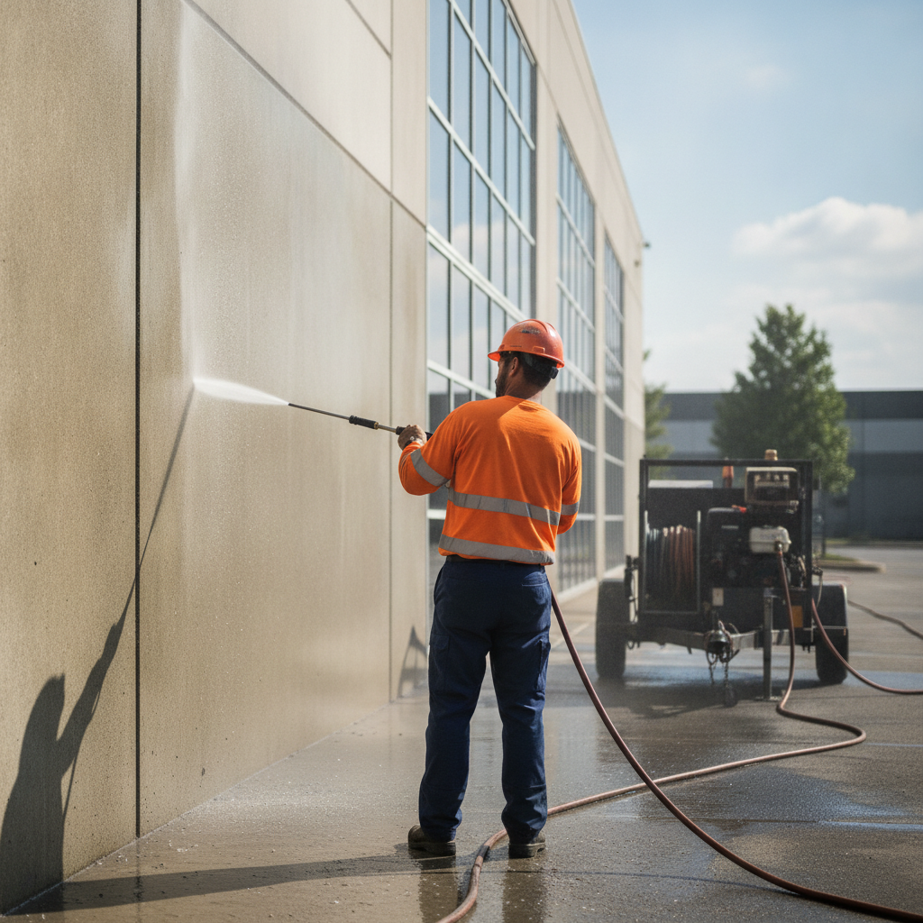 Create a realistic, professional service-business photograph showing Commercial Pressure Washing from behind, with the backs of their heads visible. Do not show any faces, facial features, front-facing views or side views, profiles, or iden