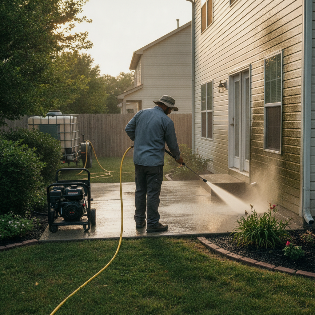 Create a realistic, professional service-business photograph showing Exterior Pressure Washing from behind, with the backs of their heads visible. Do not show any faces, facial features, front-facing views or side views, profiles, or identi