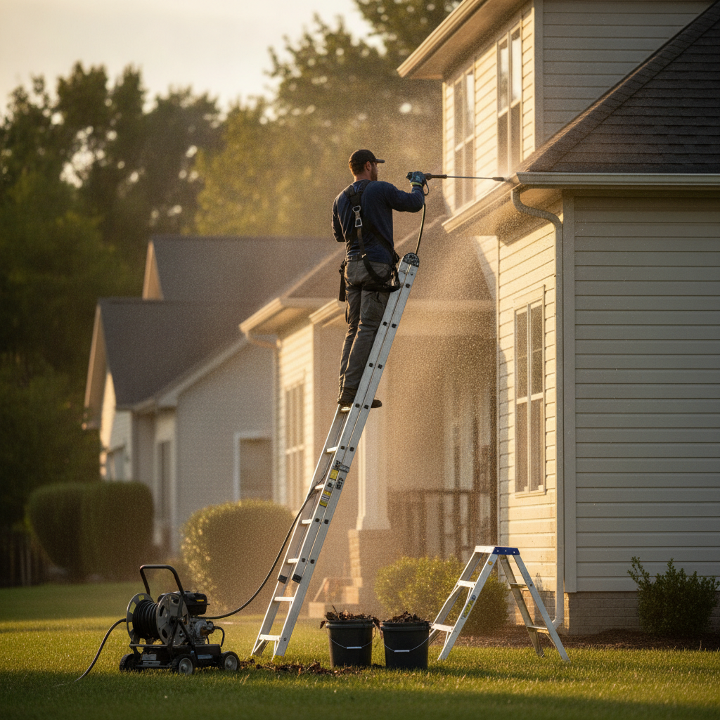 Create a realistic, professional service-business photograph showing Gutter Cleaning Pressure Washing from behind, with the backs of their heads visible. Do not show any faces, facial features, front-facing views or side views, profiles, or