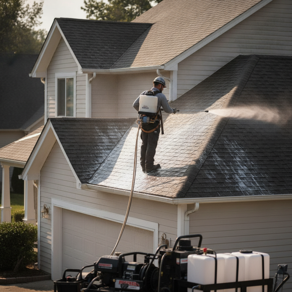 Create a realistic, professional service-business photograph showing Roof Washing Pressure Washing from behind, with the backs of their heads visible. Do not show any faces, facial features, front-facing views or side views, profiles, or id