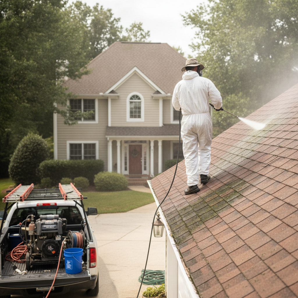 Create a realistic, professional service-business photograph showing Algae Removal pressure washing from behind, with the backs of their heads visible. Do not show any faces, facial features, front-facing views or side views, profiles, or i